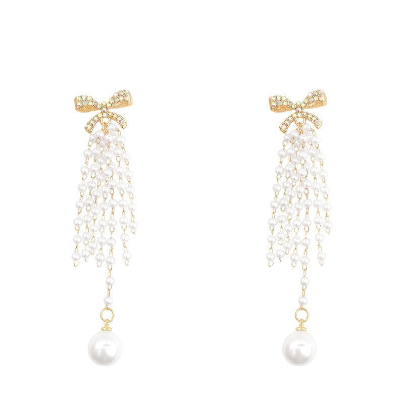 Wholesale Temperament Long Pearl Tassel Women's Fashion Versatile Light Luxury Niche Design Bow Stud Earrings
